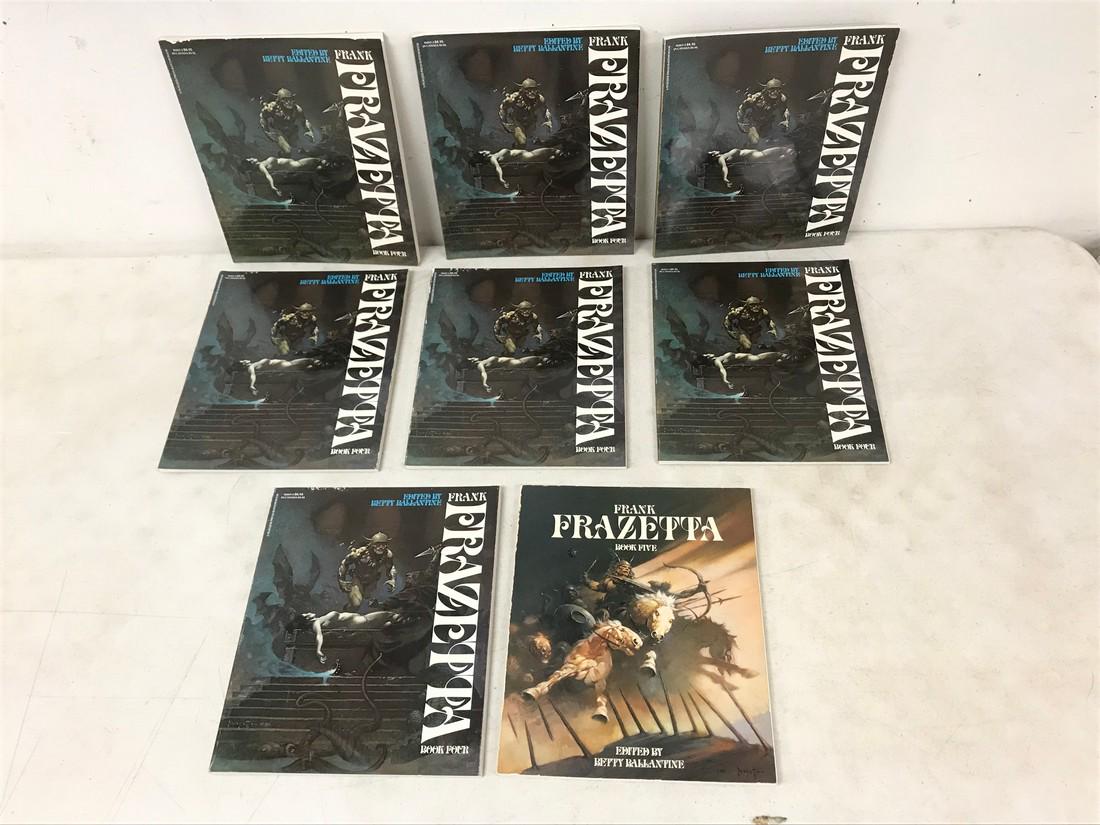 7 FRANK FRAZETTA BOOK FOUR & 1 FRANK FRAZETTA BOOK: 7 FRANK FRAZETTA BOOK FOUR & 1 FRANK FRAZETTA BOOK FIVE, BANTAM BOOKS, EDITED BY BETTY BALLANTINE, COVERS HAVE SOME SCUFFS, FROM THE BEARSVILLE ESTATE OF BETTY & IAN BALLANTINE, FOUNDERS OF BANTAM & B