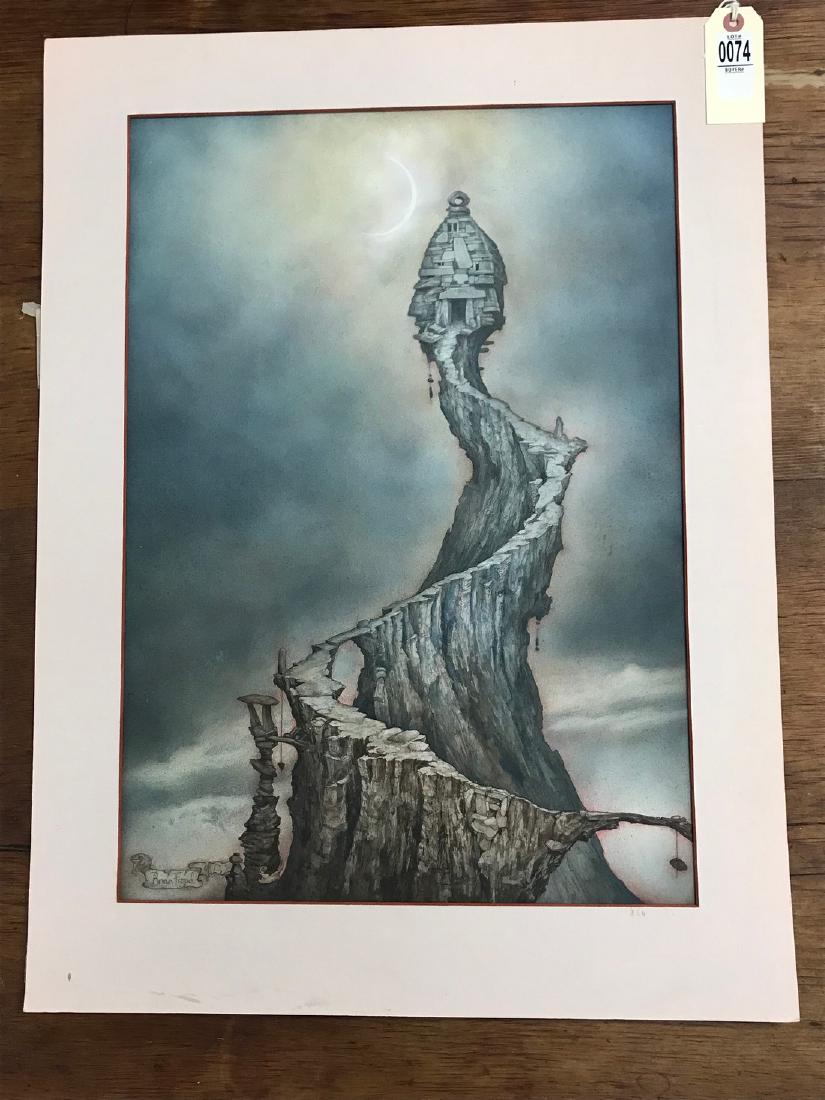 BRIAN FROUD ORIGINAL BOOK JACKET ILLUSTRATION FOR ONCE: BRIAN FROUD ORIGINAL BOOK JACKET ILLUSTRATION FOR ONCE UPON A TIME, 1975, FROM ESTATE ARCHIVE OF BETTY BALLANTINE, MEASURES 22" X 15 1/2". INFORMATION ON BACK AS PICTURED, "THE OGRE'S GREAT HALL WAS B