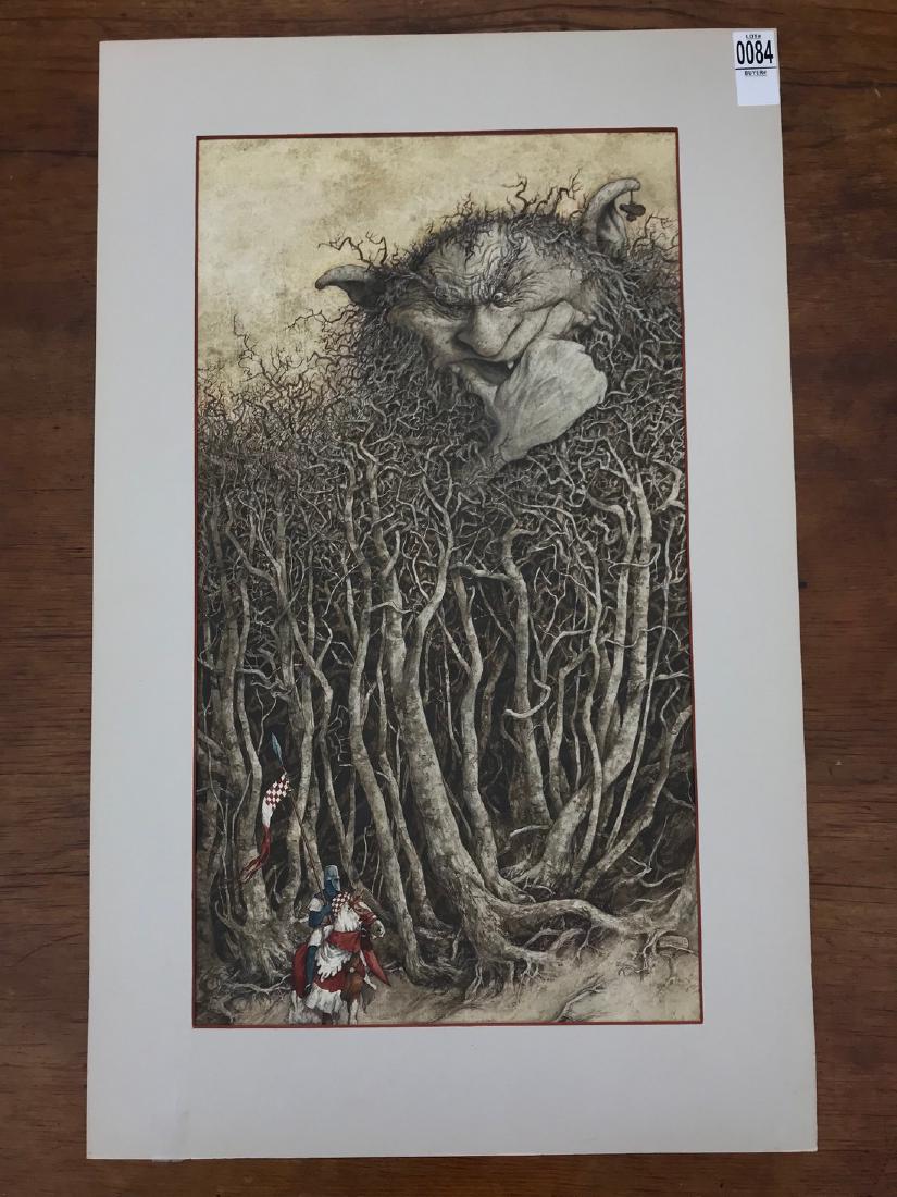 BRIAN FROUD ORIGINAL ILLUSTRATION FROM LAND OF FROUD,: BRIAN FROUD ORIGINAL ILLUSTRATION FROM LAND OF FROUD, PUBLISHED 1977 BY BANTAM BOOKS. THIS IS PLATE 29, IT MEASURES 22" X 12", SIGNED LOWER RIGHT, DATED 1976. ON OPPOSITE PAGE IN BOOK IS DESCRIPTION, 