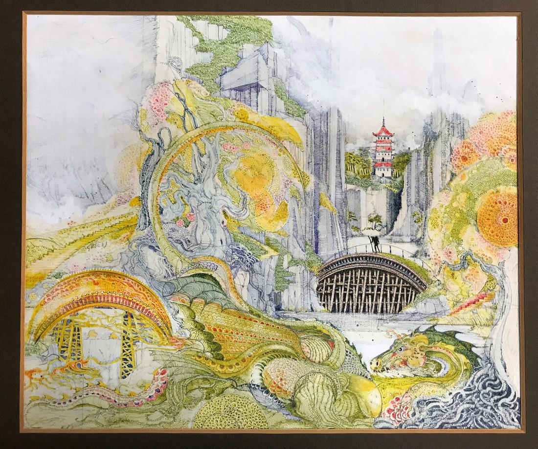 IAN MILLER ORIGINAL FANTASY ILLUSTRATION FOR KAI LUNG: IAN MILLER ORIGINAL FANTASY ILLUSTRATION FOR KAI LUNG'S GOLDEN HOURS COVER, SIGNED ON BACK & TITLED. ILLUSTRATION MEASURES 9 1/4" X 10 1/4". BORN 1946, BRITISH FANTASY ILLUSTRATOR, DID WORK FOR H P LO