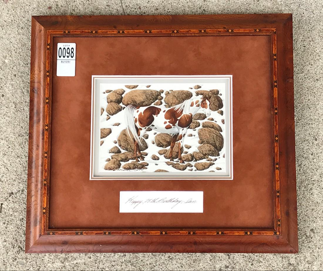 BEV DOOLITTLE W/C OF HORSE WINTER SURROUNDED BY ROCKS,: BEV DOOLITTLE W/C OF HORSE WINTER SURROUNDED BY ROCKS, SIGNED LOWER LEFT AND DATED 1991, SENT TO IAN BALLANTINE ON HIS 75TH BIRTHDAY, BEAUTIFULLY FRAMED AND MATTED. ON BACK IS WRITTEN - "TO IAN HAPPY 
