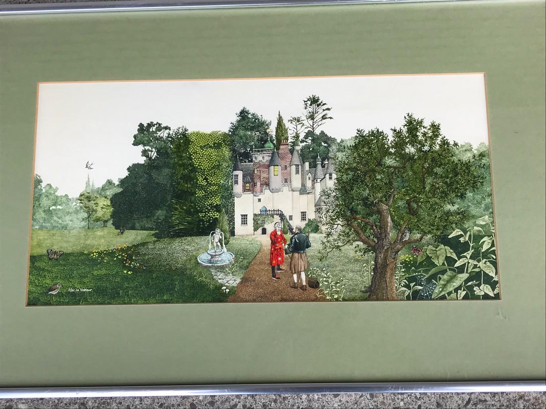 PETER LE VASSEUR (B 1938) ORIGINAL ILLUSTRATION, MEN: PETER LE VASSEUR (B 1938) ORIGINAL ILLUSTRATION, MEN TALKING ON FRONT WALK WITH CASTLE IN BACKGROUND. LOOKS LIKE ACRYLIC & WATERCOLOR NOT SURE FROM WHAT BOOK IT IS FROM, FRAMED AND MATTED, SIGNED LOWE