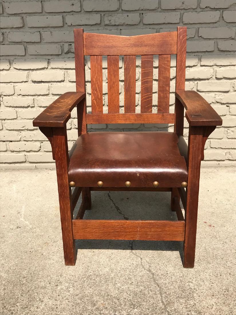 GUSTAV STICKLEY V BACK ARMCHAIR, UNSIGNED, BACK: GUSTAV STICKLEY V BACK ARMCHAIR, UNSIGNED, BACK MEASURES 36" HIGH, AS PICTURED