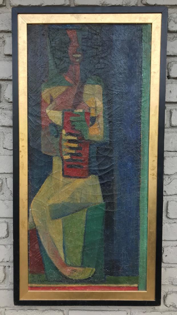 CUBIST FIGURE O/C SIGNED ILLEGIBLY, TITLED ON BACK RIBA: CUBIST FIGURE O/C SIGNED ON BACK RIBALTA, WITH ILLEDGIBLE WRITING ABOVE THAT, PAINTING MEASURES 33" X 16", AS PICTURED.signed on front of the painting, lower left, can't make it out. also ribalta seem