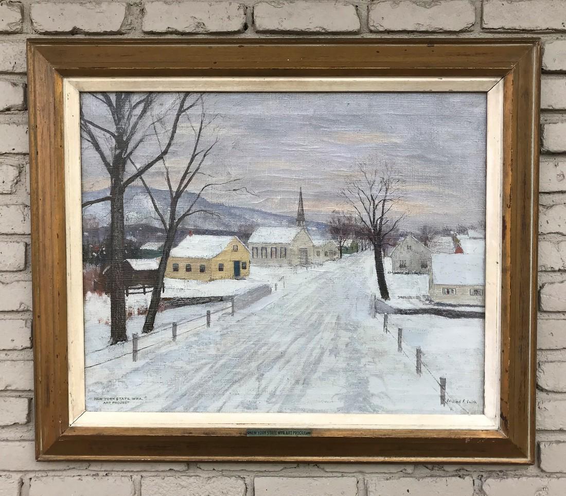 EDWARD F SMITH NY STATE WPA ART PROJECT O/C WINTER: EDWARD F SMITH NY STATE WPA ART PROJECT O/C WINTER LANDSCAPE STREET SCENE, BRASS TAG ON FRAME, SIGNED LOWER RIGHT. ALSO IN LEFT CORNER IS NEW YORK STAE WPA ART PROJECT. PAINTING MEASURES 24" X 30". IN