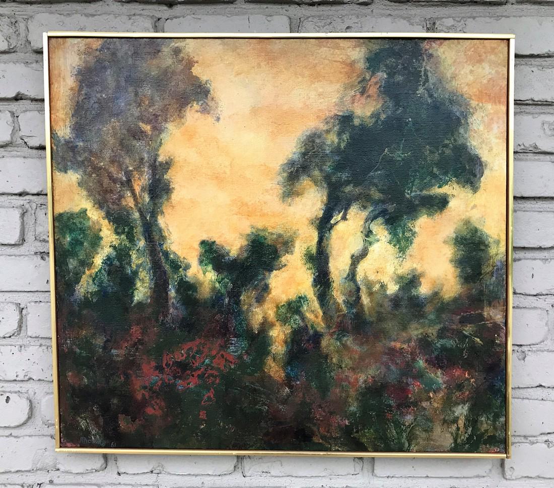 GEORGE RHOADS (B 1926) O/C IMPRESSIONIST LANDSCAPE WITH: GEORGE RHOADS (B 1926) O/C IMPRESSIONIST LANDSCAPE WITH TREES, SIGNED LOWER LEFT CORNER, DATED 1961. CANVAS MEASURES 25" X 28". VERY NICE ESTATE FOUND CONDITION. FROM THE ARCHIVAL COLLECTION OF BETTY