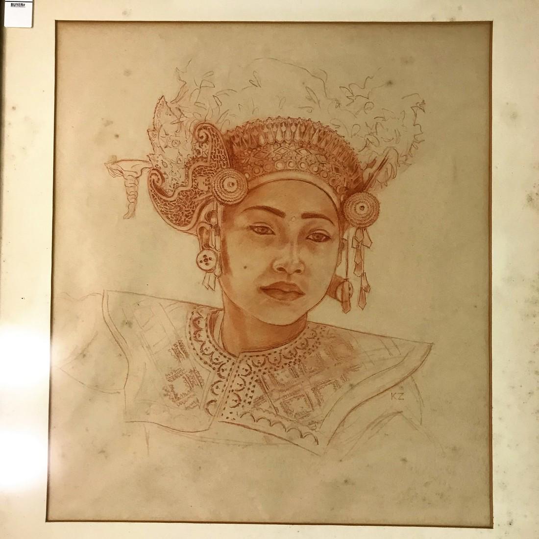 KATHLEEN ZIMMERMAN (B 1923) RED CHALK PORTRAIT OF: KATHLEEN ZIMMERMAN (B 1923) RED CHALK PORTRAIT OF WOMAN WITH HEADRESS, INITIALED KZ, FRAMED AND MATTED, CIRCA 1950'S. DRAWING MEASURES 19" X 16". SHE WAS ACTIVE IN NEW YORK, AND STUDIED AT THE ART STU