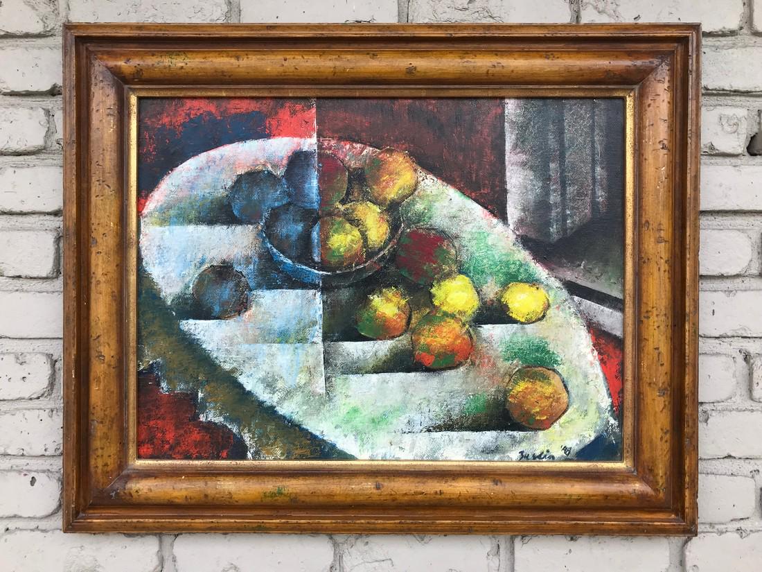 IMPRESSIONIST O/B STILL LIFE WITH LEMONS IN BOWL AND ON: IMPRESSIONIST O/B STILL LIFE WITH LEMONS IN BOWL AND ON TABLE, SIGNED ILLEGIBLY AS PICTURED, DATE LOOKS LIKE 1948. PAINTED ON MASONITE. IN DECORATIVE LATER FRAME. FROM NYC ESTATE. PAINTING MEASURES 18