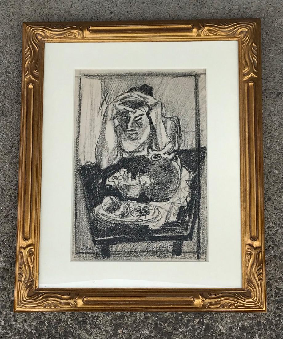 WILL BARNET CHARCOAL ON PAPER- WOMAN AT A TABLE, CIRCA: WILL BARNET CHARCOAL ON PAPER- WOMAN AT A TABLE, CIRCA 1950, MEASURES 16" X 12", TWICE SIGNED, LABEL ON BACK, AS PICTURED