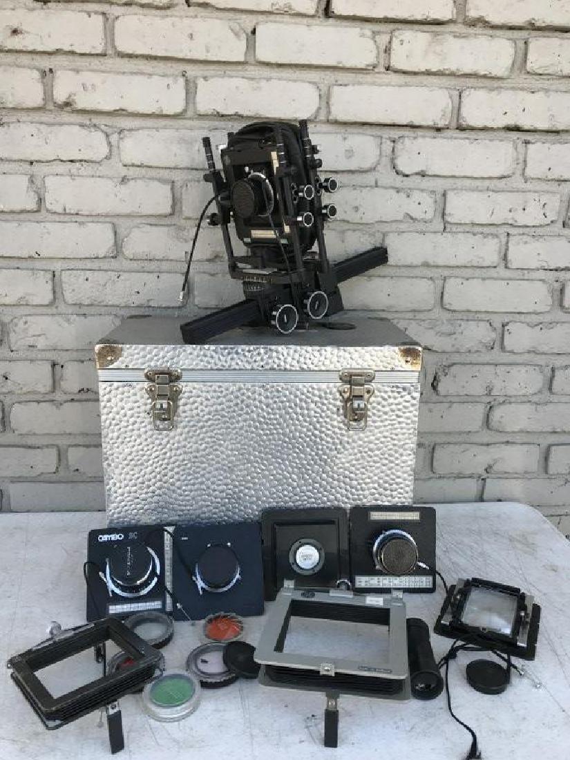 CAMBO MONORAIL VIEW CAMERA, 4 X5, WITH 4 LENSES-: CAMBO MONORAIL VIEW CAMERA, 4 X5, WITH 4 LENSES- VOIGHTLANDER TECHNICA-TELOMAR 1:55/18CM & 1:5.5/24 CM & CAMBO EXTENSION BELLOWS, AS PICTURED