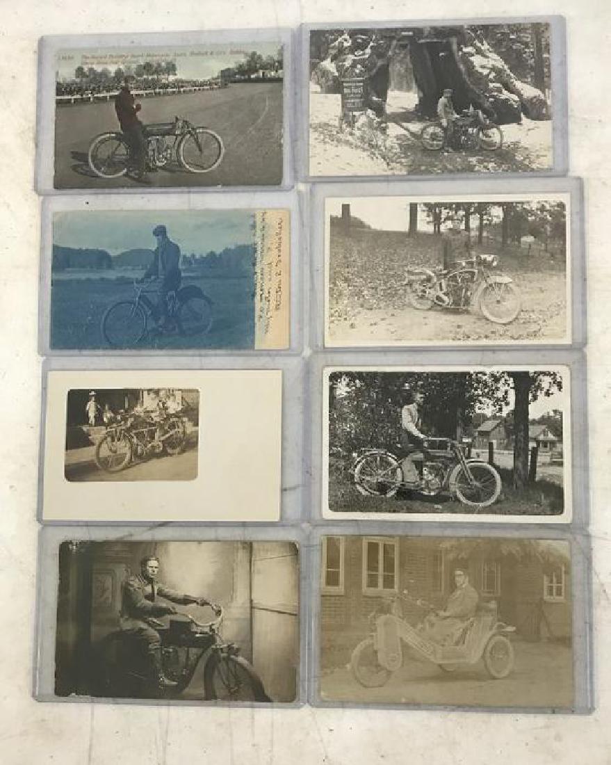 (8) RPPC MOTORCYCLE (1 NOT RPPC) INCL. HARLEY DAVIDSON,: (8) RPPC MOTORCYCLE (1 NOT RPPC) INCL. HARLEY DAVIDSON, EXCELSIOR, THOR VII, AND ONE WITH SIDE CAR, FROM ANTHONY TONY BASILE ESTATE POSTCARD COLLECTION, ALBANY, N.Y.