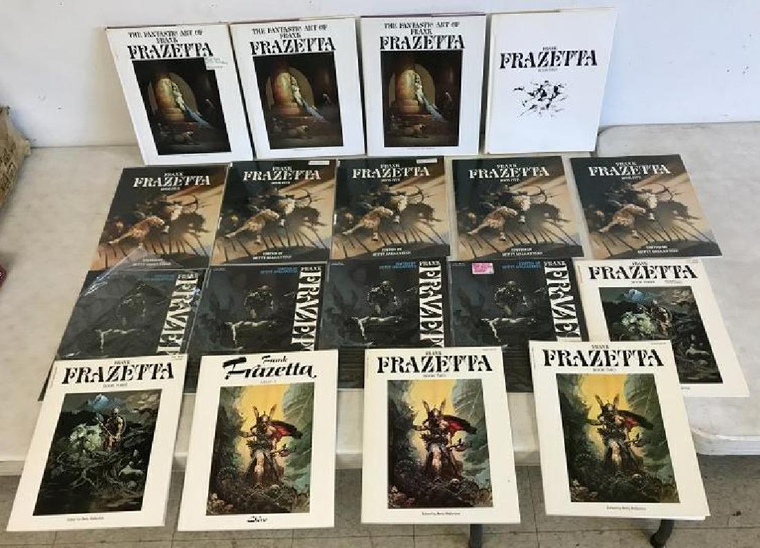 FRANK FRAZETTA LOT INCL. 4 HARDCOVER WITH DJ (3 NUMBER: FRANK FRAZETTA LOT INCL. 4 HARDCOVER WITH DJ (3 NUMBER 1, AND 1 BOOK TWO), (14) SOFT COVER INCLUDING (2) BOOK TWO, (1) ALBUM 2 IN FRENCH, (2) BOOK THREE, (4) BOOK FOUR, (5) BOOK FIVE. SOME ARE MARKED