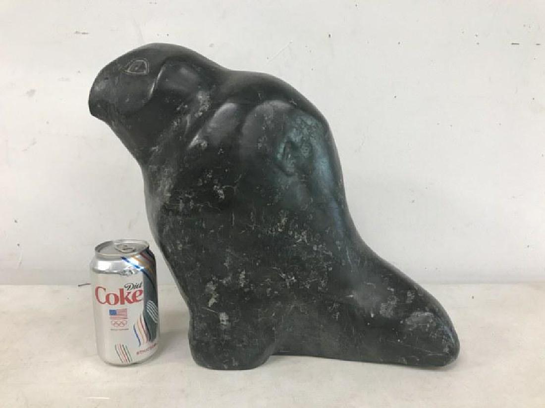 PETER PITSEOLAK (1904-1976) LARGE STONE OWL INUIT: PETER PITSEOLAK (1904-1976) LARGE STONE OWL INUIT SCULPTURE, PURCHASED FROM BUDD FEHELEY GALLERY, SIGNED ON BOTTOM, AND LABEL AS PICTURED. FROM ESTATE OF BETTY BALLANTINE, BEARSVILLE, N.Y. MEASURES 13