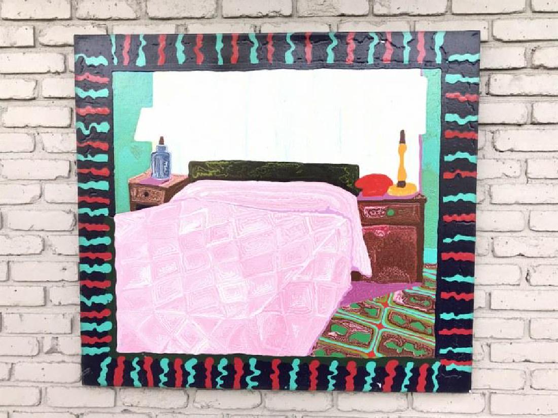 CHAM HENDON ACRYLIC ON CANVAS TITLED HOTEL MANSFIELD: CHAM HENDON ACRYLIC ON CANVAS TITLED HOTEL MANSFIELD 1981, FROM ESTATE OF PHYLLIS KIND GALLERY, CHICAGO AND NEW YORK, MEASURES 39 1/2" X 44", INDENTATION ON CANVAS IN UPPER LEFT REGION, 2 SMALL PAINT