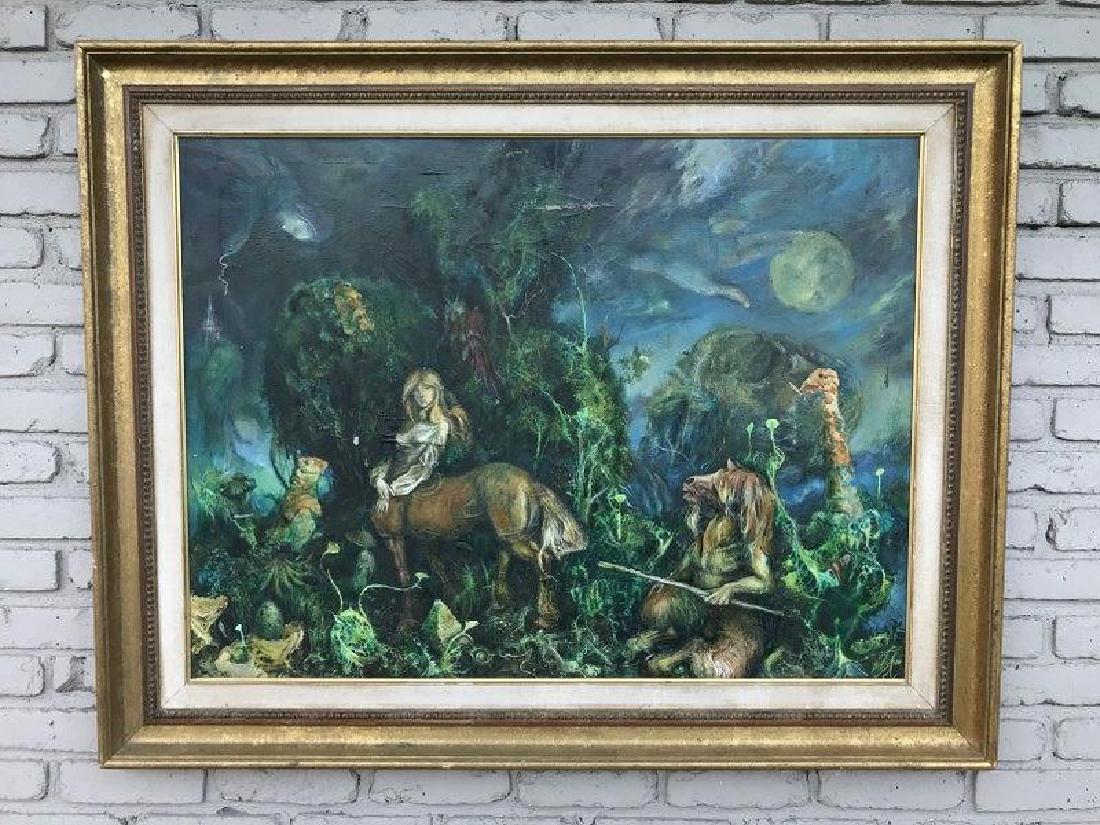 LARGE FANTASY OIL ON CANVAS/MIXED MEDIA, UNSIGNED,: LARGE FANTASY OIL ON CANVAS/MIXED MEDIA, UNSIGNED, ESTATE FROM WHICH IT CAME FROM SAID ARTIST NAME WAS PERRIGRINE(?), PAINTNG MEASURES 30" X 40", A FEW SMALL SCRAPES WITH PAINT LOSS, AS PICTURED