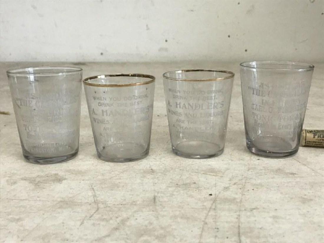 4 RONDOUT/KINGSTON NY SHOT GLASSES.2 READ-WHEN YOU DO: 4 RONDOUT/KINGSTON NY SHOT GLASSES.2 READ-WHEN YOU DO DRINK, DRINK THE BEST. A. HANDLER'S WINES AND LIQUORS ARE THE BEST. A. HANDLER, 82 E. STRAND ST. RONDOUT, N.Y., OTHER 2 READ- AS HIGH AS "THE CATS