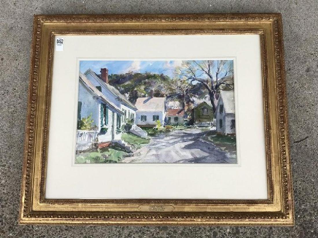JOHN WHORF NEW ENGLAND TOWN STREET SCENE W/C,TITLED ON: JOHN WHORF NEW ENGLAND TOWN STREET SCENE W/C,TITLED ON PLAQUE- A VILLAGE IN SPRING, (1903-1959), SIGNED LOWER LEFT, BEAUTIFULLY FRAMED AND MATTED, PAINTING MEASURES 16" X 22", FRAME MEASURES 28" X 35"