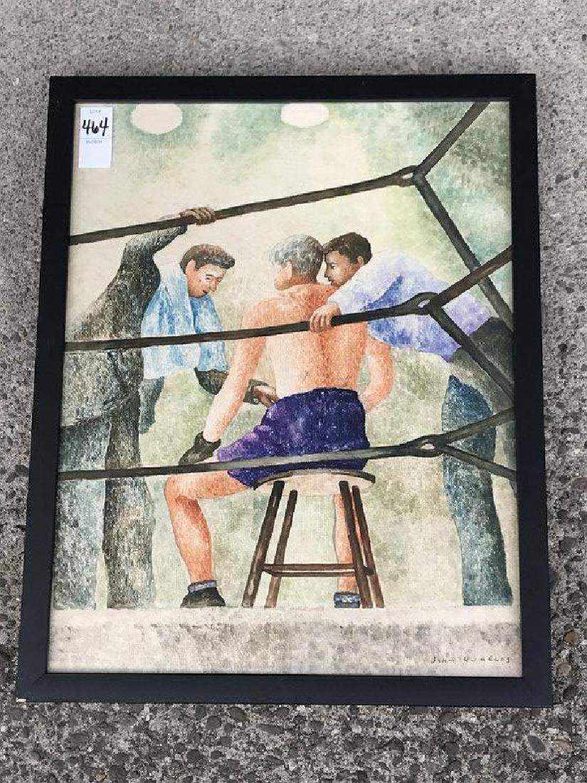 JOHN RUGGLES W/C BOXER W/TRAINERS, SIGNED LOWER RIGHT,: JOHN RUGGLES W/C BOXER W/TRAINERS, SIGNED LOWER RIGHT, FROM WOODSTOCK NY ESTATE, WAS ACTIVE IN WOODSTOCK AREA, PAINTING MEASURES 18" X 14", AS PICTURED