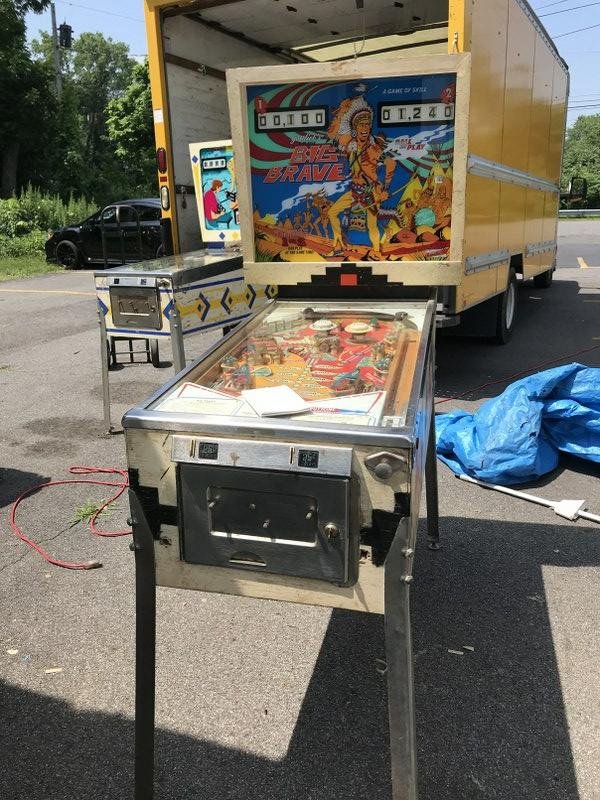 GOTTLIEB: GOTTLIEB'S 2 PLAYER BIG BRAVE VINTAGE PINBALL MACHINE, IN ESTATE FOUND CONDITION. NO BACK DOOR PANEL, NO KEY, BACK GLASS AND PLAYING FIELD IN NICE CONDITION. FROM LOCAL ESTATE, WAS USED TILL KIDS MOVE