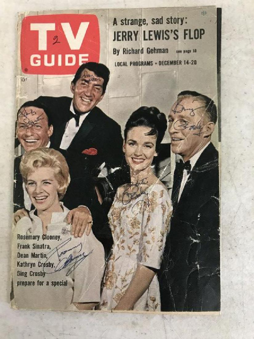 TV GUIDE SIGNED SINATRA MARTIN CROSBY CLOONEY: TV GUIDE SIGNED BY SINATRA MARTIN CROSBY CLOONEY & MRS. CROSBY. TV GUIDE IS DECEMBER 14, 1963. SOME SCUFFS ON COVER, THIS COMES FROM AN ALBANY, N.Y. ESTATE, WE HAVE NO COA.