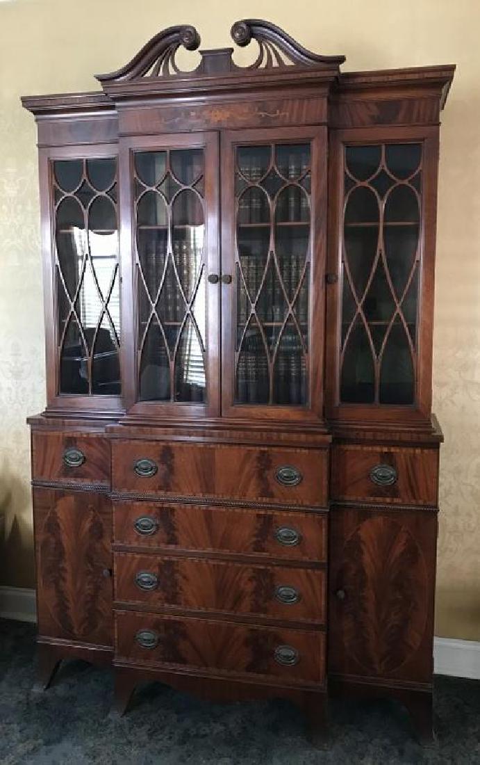 BEAUTIFUL INLAID MAHOGANY BREAKFRONT WITH DROP DOWN: BEAUTIFUL INLAID MAHOGANY BREAKFRONT WITH DROP DOWN DESK INTERIOR. FROM NICE KINGSTON, N.Y. ESTATE, MEASURES 86" HIGH X 54" WIDE X 18" BASE DEPTH. NICE CLEAN CONDITION. AND ALWAYS TAKEN CARE OF, ADJUS