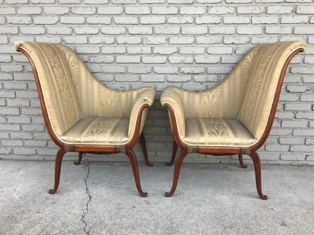PAIR CIRCA 1920 DECORATOR CHAIRS, GREAT FORM, FROM NICE: PAIR CIRCA 1920 DECORATOR CHAIRS, GREAT FORM, FROM NICE KINGSTON ESTATE, SOME WEAR TO OLDER FABRIC, FRAMES ARE VERY NICE AND TIGHT.