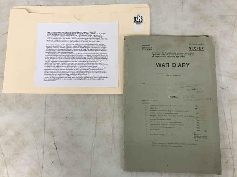 WWII JOURNAL OF ROYAL ARTILLERY OFFICER DOCUMENTING HIS: WWII JOURNAL OF ROYAL ARTILLERY OFFICER DOCUMENTING HIS EXPERIENCES IN WWII TUNISIA AND ITALY, 1943-1944. 53 LOOSE FOLIO SHEETS TIGHTLY WRITTEN IN INK. THE SHEETS ARE CLIPPED TOGETHER IN 5 CHAPTERS:"T