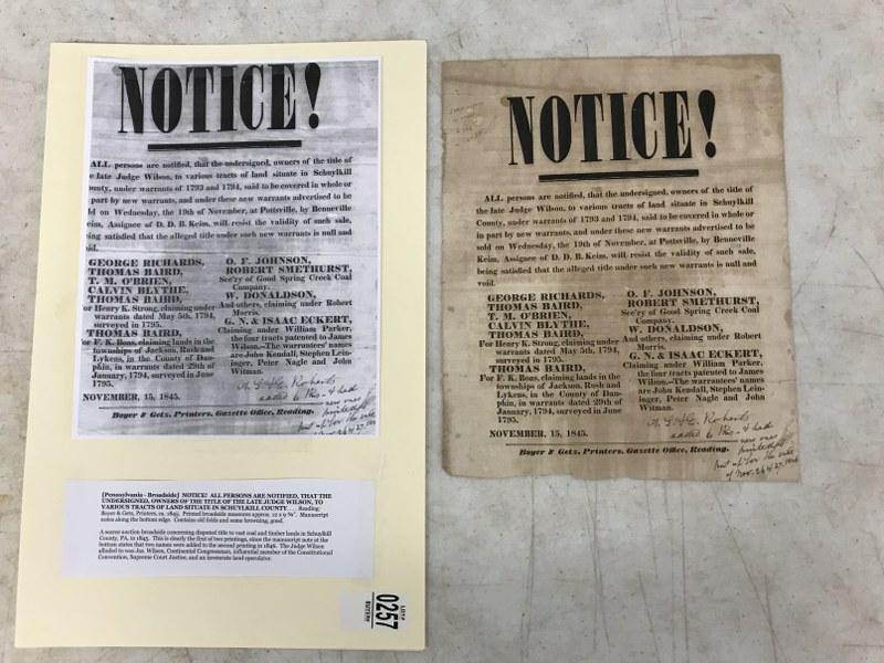 PENNSYLVANIA BROADSIDE- NOTICE! ALL PERSONS ARE: PENNSYLVANIA BROADSIDE- NOTICE! ALL PERSONS ARE NOTIFIED, THAT THE UNDERSIGNED, OWNERS OF THE TITLE OF THE LATE JUDGE WILSON, TO VARIOUS TRACTS OF LAND SITUATE IN SCHUYLKILL COUNTYâ€¦READING: BOYE