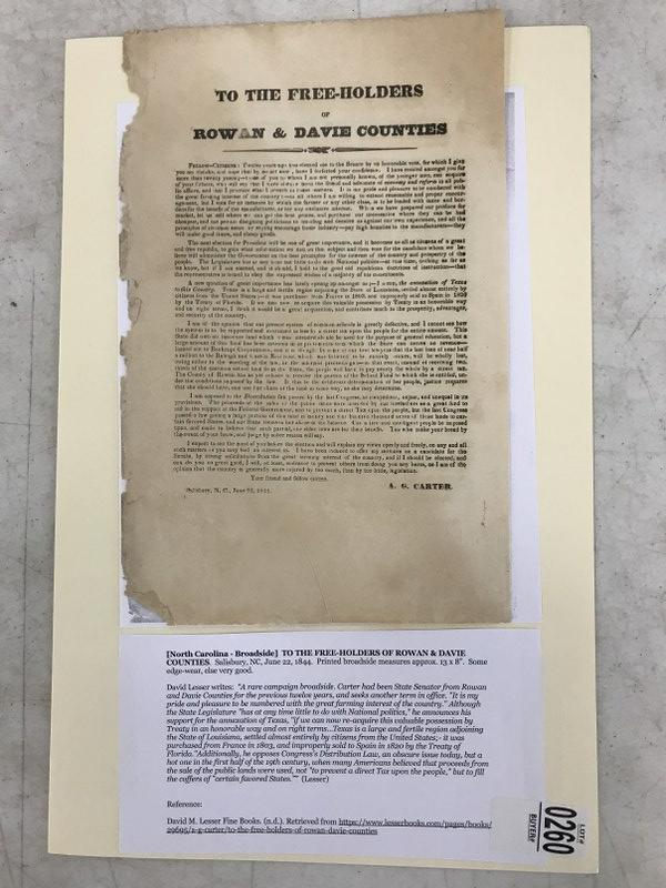 NORTH CAROLINA BROADSIDE- TO THE FREE-HOLDERS OF ROWAN (1 of 3)