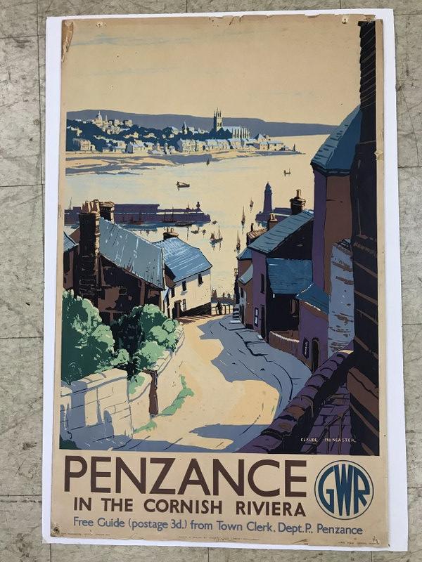 FOREIGN POSTER-PENZANCE IN THE CORNISH RIVIERA, FREE: FOREIGN POSTER-PENZANCE IN THE CORNISH RIVIERA, FREE GUIDE (POSTAGE 3D.)FROM TOWN CLERK,DEPT. P., PENZANCE, ARTIST CLAUDE MUNCASTER, ATTACHED TO BOARD, MEASURES 40" X 25", HAS TEARS AND PCS MISSING AR