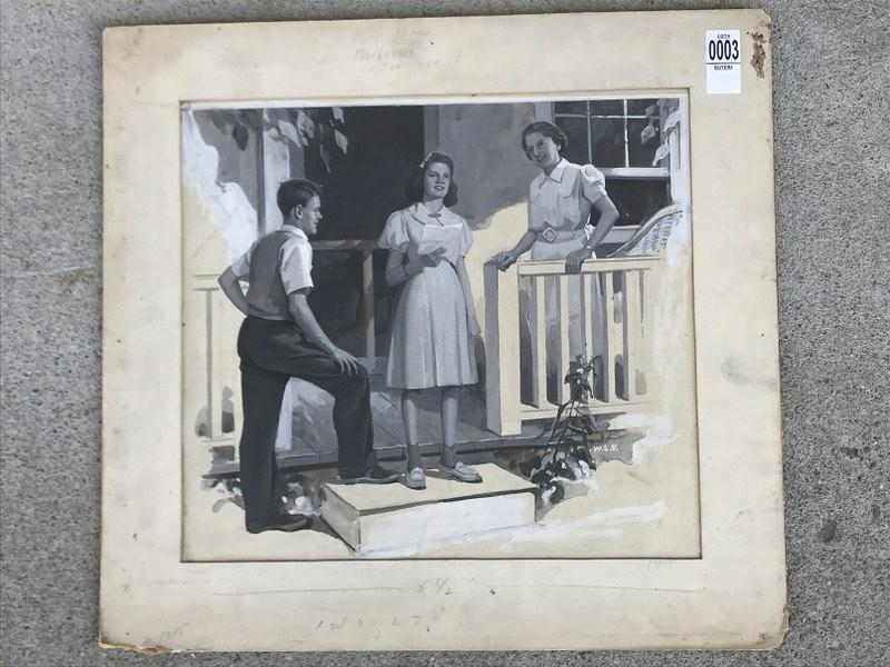W L VAN GUNDY ORIGINAL ILLUSTRATION, GOAUCHE ON BOARD,: W L VAN GUNDY ORIGINAL ILLUSTRATION, GOAUCHE ON BOARD, BOARD MEASURES 18 3/4" X 20", DATED MAY 1940, MACTAVISH ON BACK, INITIALED ON FRONT, GIRL WITH PAPER ON PORCH WITH BOY AND WOMAN LOOKING ON, BORD