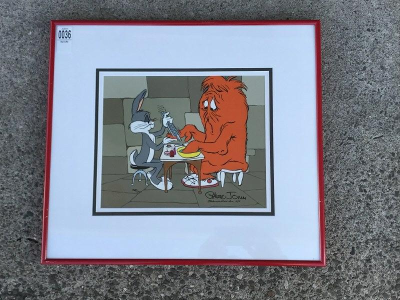 WARNER BROS. SIGNED CEL BUGS BUNNY GIVING A MANICURE,: WARNER BROS. SIGNED CEL BUGS BUNNY GIVING A MANICURE, 445/500 1989, SIGNED LOWER RIGHT AS PICTURED. MEASURES 10" X 12 1/2".