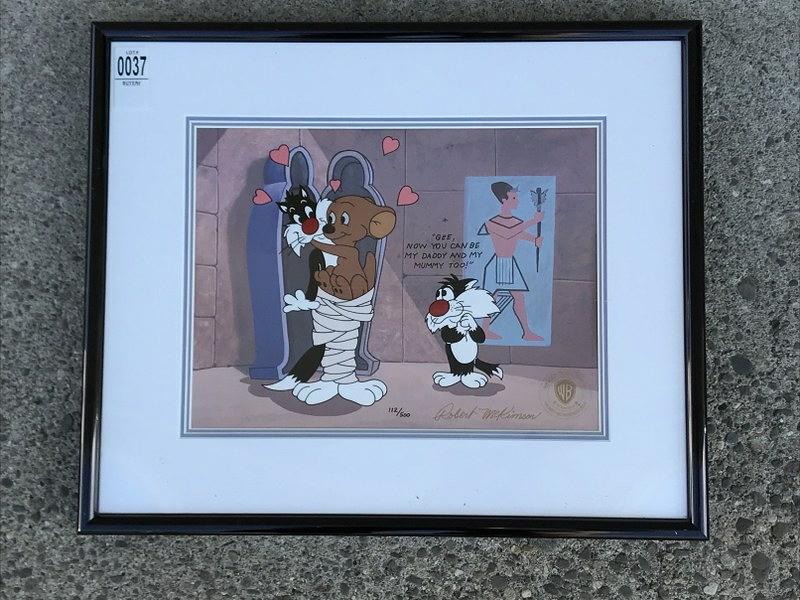 CEL SYLVESTER & SYLVESTER JR. WITH HIPPITY HOPPER,: CEL SYLVESTER & SYLVESTER JR. WITH HIPPITY HOPPER, 112/500, SIGNED BY ROBERT MCKIMSON, CERTIFICATE ON BACK AS PICTURED. MEASURES 10" X 13".