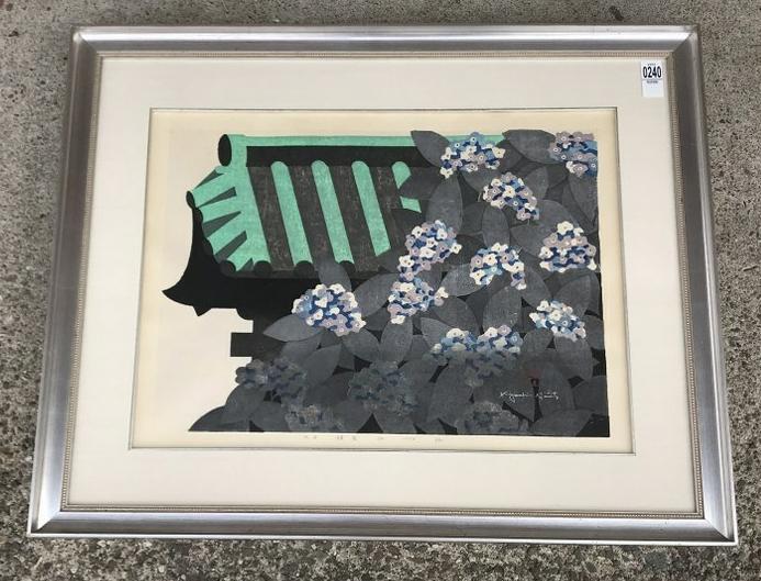 KIYOSHI SAITO SIGNED PRINT FROM LOCAL ESTATE: SIGNED KYOSHI SAITO SILKSCREEN PRINT 3/80 AND RED ASIAN STAMP AS PICTURED, BEAUTIFULLY FRAMED AND MATTED, PRINT MEASURES 17" X 23". FROM NYC ESTATE. VERY NICE ESTATE CONDITION.