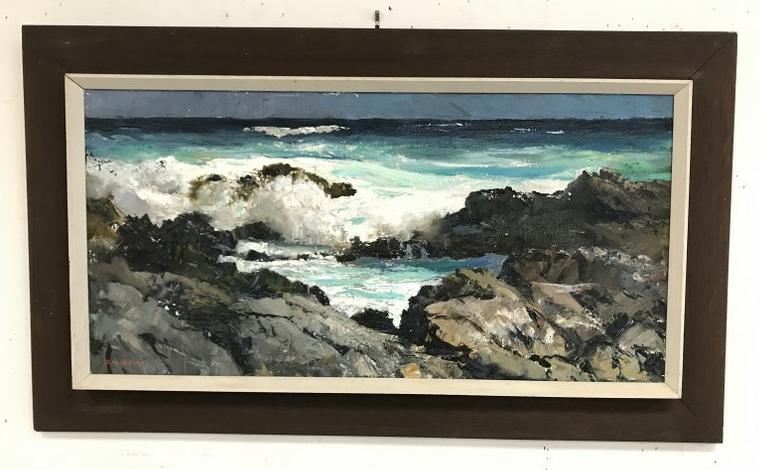 PETER HAYWARD O/C SEASCAPE (PROBABLY HAWAII ), SIGNED: PETER HAYWARD O/C SEASCAPE (PROBABLY HAWAII ), SIGNED LOWER LEFT, PAINTING MEASURES 18"X 36", VERY NICE ESTATE FOUND CONDITION.