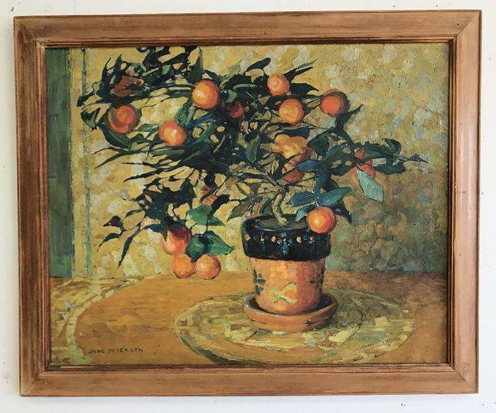 JANE PETERSON O/C STIIL LIFE OF ORANGES IN FLOWER POT,: JANE PETERSON O/C STIIL LIFE OF ORANGES IN FLOWER POT, SIGNED LOWER LEFT CORNER. FIRST TIME OFFERED, HAS BEEN IN THE FAMILY SINCE PURCHASED MANY YEARS AGO. HAS NORTON GALLERY OF ART CRAATE LABEL ON BA