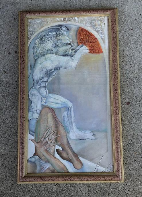 MYLO QUAM O/C LEO & THE SUN, FRAGMENT FROM A LARGER: MYLO QUAM O/C LEO & THE SUN, FRAGMENT FROM A LARGER PAINTING, MEASURES 24" X 13", UNSIGNED, DIRECTLY FROM FORMER MUSE OF MYLO QUAM.