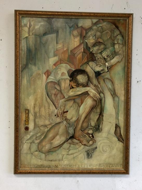 MYLO QUAM O/C TITLED THE MAZE, SIGNED, SIGNED ON BACK: MYLO QUAM O/C TITLED THE MAZE, SIGNED, SIGNED ON BACK ALSO, FOR JEFFREY (HIS MUSE), AUGUST 1979, PAINTING MEASURES 30" X 21", EXCELLENT CONDITION, FROM HIS FORMER MUSEâ€¦..