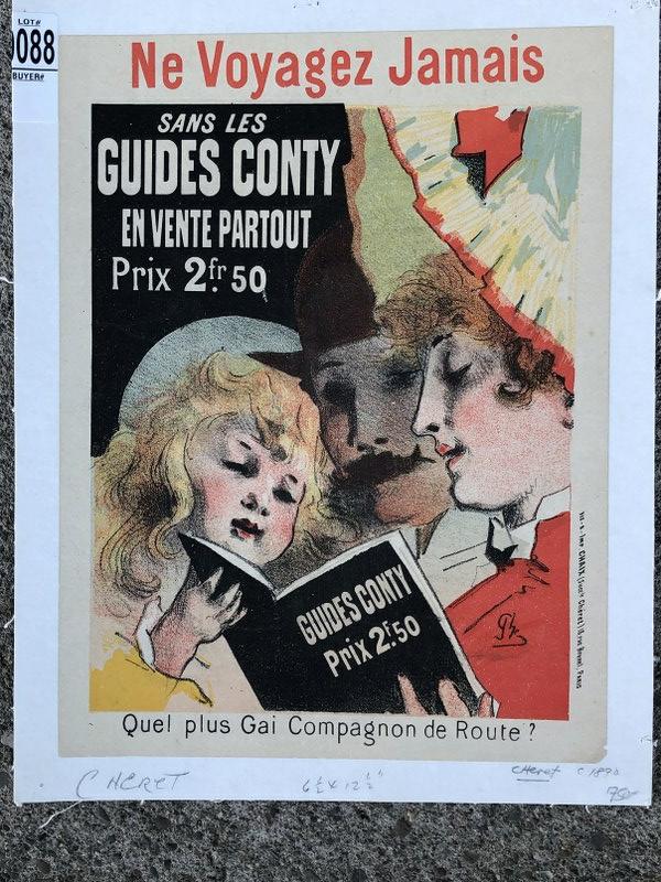 POSTER-FRENCH-NE VOYAGEZ JAMAIS SANS LES GUIDES CONTY: POSTER-FRENCH-NE VOYAGEZ JAMAIS SANS LES GUIDES CONTY EN VENTE PARTOUT PRIX 2.FR 50, C. 1890, MEASURES 12 1/2" X 6 1/2", LINEN BACKED, AS PICTURED, FROM A RETIRED NEW ENGLAND COLLECTOR DEALER
