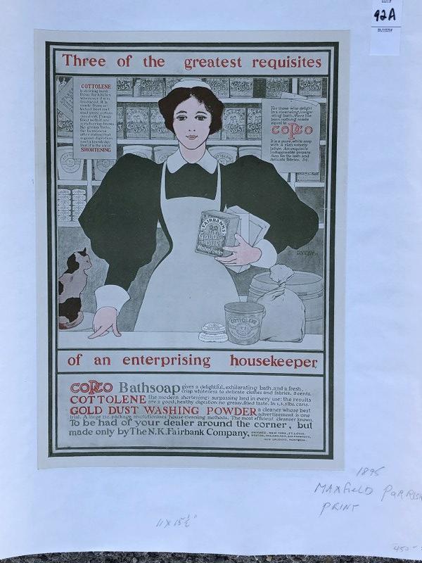 POSTER-COPCO BATHSOAP, COTTOLENE, AND GOLD DUST WASHING: POSTER-COPCO BATHSOAP, COTTOLENE, AND GOLD DUST WASHING POWDER MAXFIELD PARRISH PRINT, 1895, MEASURES 15 1/2" X 11", LINEN BACKED, AS PICTURED, FROM A RETIRED NEW ENGLAND COLLECTOR DEALER