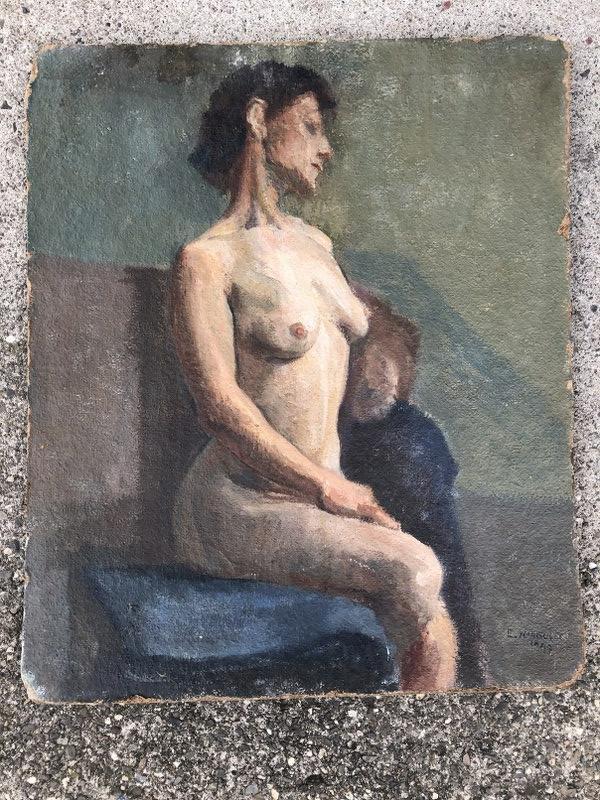 GABRIELE MARGULES O/B NUDE WOMAN, 1949, SIGNED AND: GABRIELE MARGULES O/B NUDE WOMAN, 1949, SIGNED AND DATED LOWER RIGHT, CURVE TO THE ARTIST BOARD, PAINTNG MEASURES 23 1/2" X 20". WE ARE SELLING HER ESTATES WORKS, SHE LIVED IN KINGSTON, N.Y.