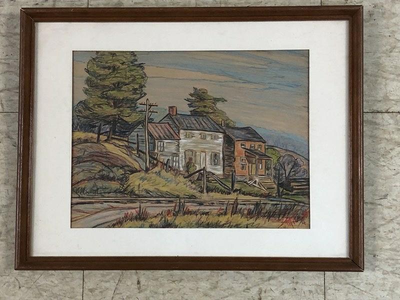 GLADYS VINSON MITCHELL COLOR PENCIL DRAWING ALONG THE: GLADYS VINSON MITCHELL COLOR PENCIL DRAWING ALONG THE RAILROAD HOUSES, SIGNED ON FRONT AND TITLED ON BACK, FROM WOODSTOCK, N.Y. ESTATE, MEASURES 9 1/2" X 12". (1894-1968)