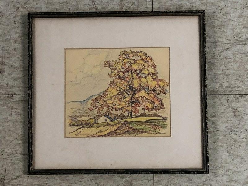 GLADYS VINSON MITCHELL COLOR PENCIL DRAWING LANDSCAPE,: GLADYS VINSON MITCHELL COLOR PENCIL DRAWING LANDSCAPE, WITH HOUSE, WOODSTOCK, N.Y. AREA, FROM WOODSTOCK, N.Y. ESTATE, MEASURES 7" X 8 1/2". (1894-1968)