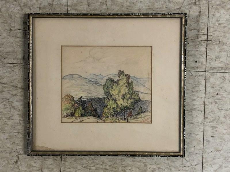 GLADYS VINSON MITCHELL COLORED PENCIL DRAWING: GLADYS VINSON MITCHELL COLORED PENCIL DRAWING LANDSCAPE, WOODSTOCK, N.Y. AREA, FROM WOODSTOCK, N.Y. ESTATE, SIGNED LOWER RIGHT, DATED 1934. MEASURES 7" X 8". 1894-1968.