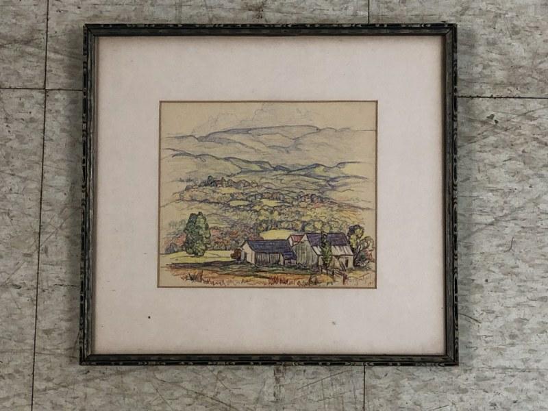 GLADYS VINSON MITCHELL (1894-1968) COLORED PENCIL: GLADYS VINSON MITCHELL (1894-1968) COLORED PENCIL LANDSCAPE DRAWING, SIGNED LOWER RIGHT, DATED 1934, WOODSTOCK, N.Y. HILLS, FROM WOODSTOCK, N.Y. ESTATE, DRAWING MEASURES 7" X 8".