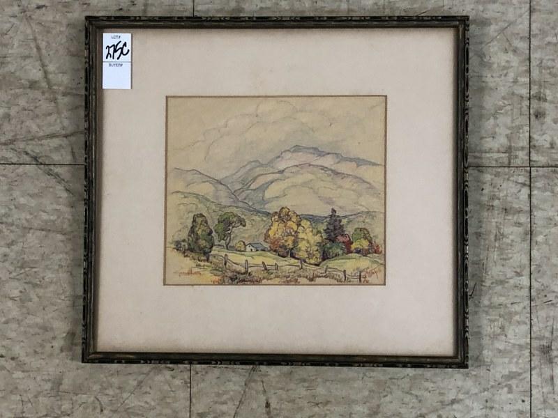 GLADYS VINSON MITCHELL (1894-1968) COLORED PENCIL: GLADYS VINSON MITCHELL (1894-1968) COLORED PENCIL WOODSTOCK, NY. AREA LANDSCAPE, SIGNED LOWER RIGHT, CIRCA 1930'S. FROM WOODSTOCK, N.Y. ESTATE, DRAWING MEASURES 7" X 8 1/2".
