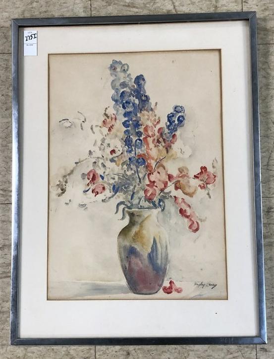HAYLEY LEVER W/C FLORAL STILL LIFE, SIGNED LOWER RIGHT,: HAYLEY LEVER W/C FLORAL STILL LIFE, SIGNED LOWER RIGHT, ON BACK IS PLAZA ART GALLERIES NEW YORK CITY LABEL. PAINTING MEASURES 19" X 14". FROM HUDSON VALLEY ESTATE.