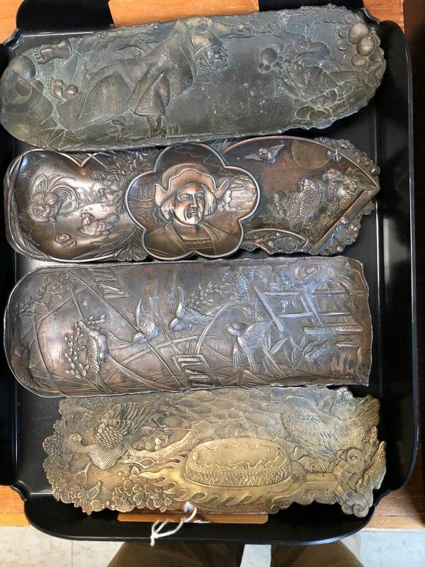 LOT OF 4 VICTORIAN BRONZE/BRASS PEN TRAYS W/BIRDS AND: LOT OF 4 VICTORIAN BRONZE/BRASS PEN TRAYS W/BIRDS AND PEOPLE, FROM AN ALBANY NY ESTATE COLLECTION, AS PICTURED