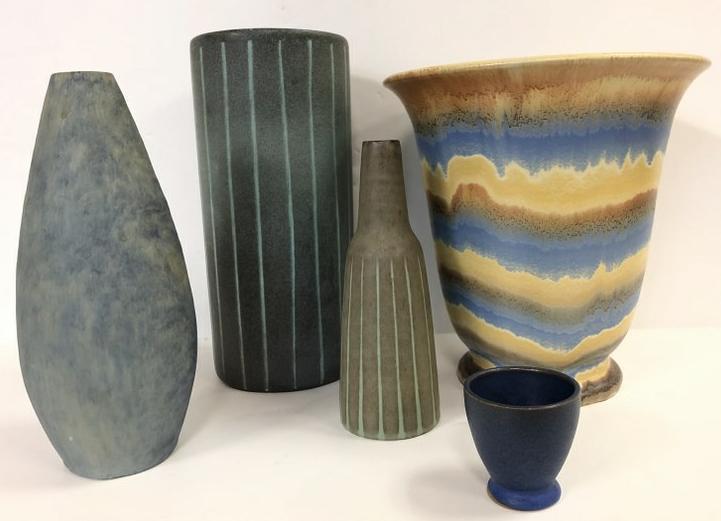 5 ANTON LANG ART POTTERY PCS, TALLEST VASE MEASURES 9',: 5 ANTON LANG ART POTTERY PCS, TALLEST VASE MEASURES 9', OVERALL GOOD ESTATE CONDITION, AS PICTURED