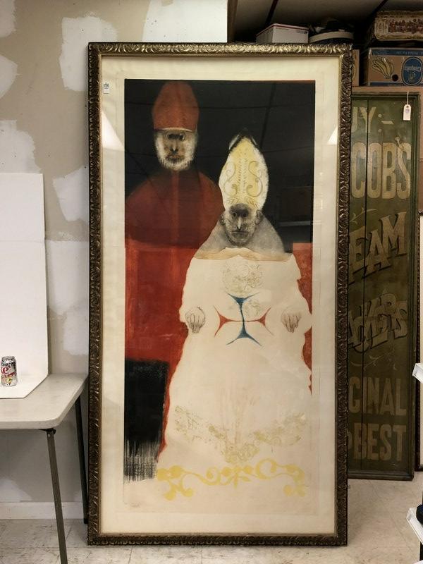MAURICIO LASANSKY COLOR ETCHING AND AQUATINT, SIGNED: MAURICIO LASANSKY COLOR ETCHING AND AQUATINT, SIGNED AND NUMBERED, 14/50, TITLED- POPE AND THE CARDINAL, PRINT MEASURES 75" X 35", IN LARGE FRAME WITH PLEXIGLASS, AS PICTURED